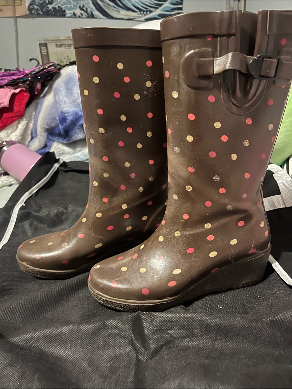 Capelli of New York Brown Rain Boots with Pink & Gold Polka Dots